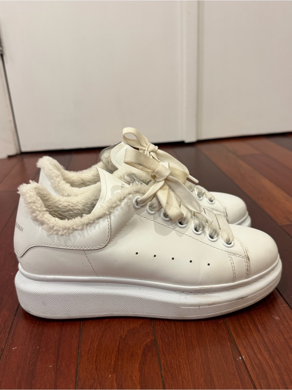 Alexander McQueen Cream and White Platform Sneakers with Faux-Fur Trim